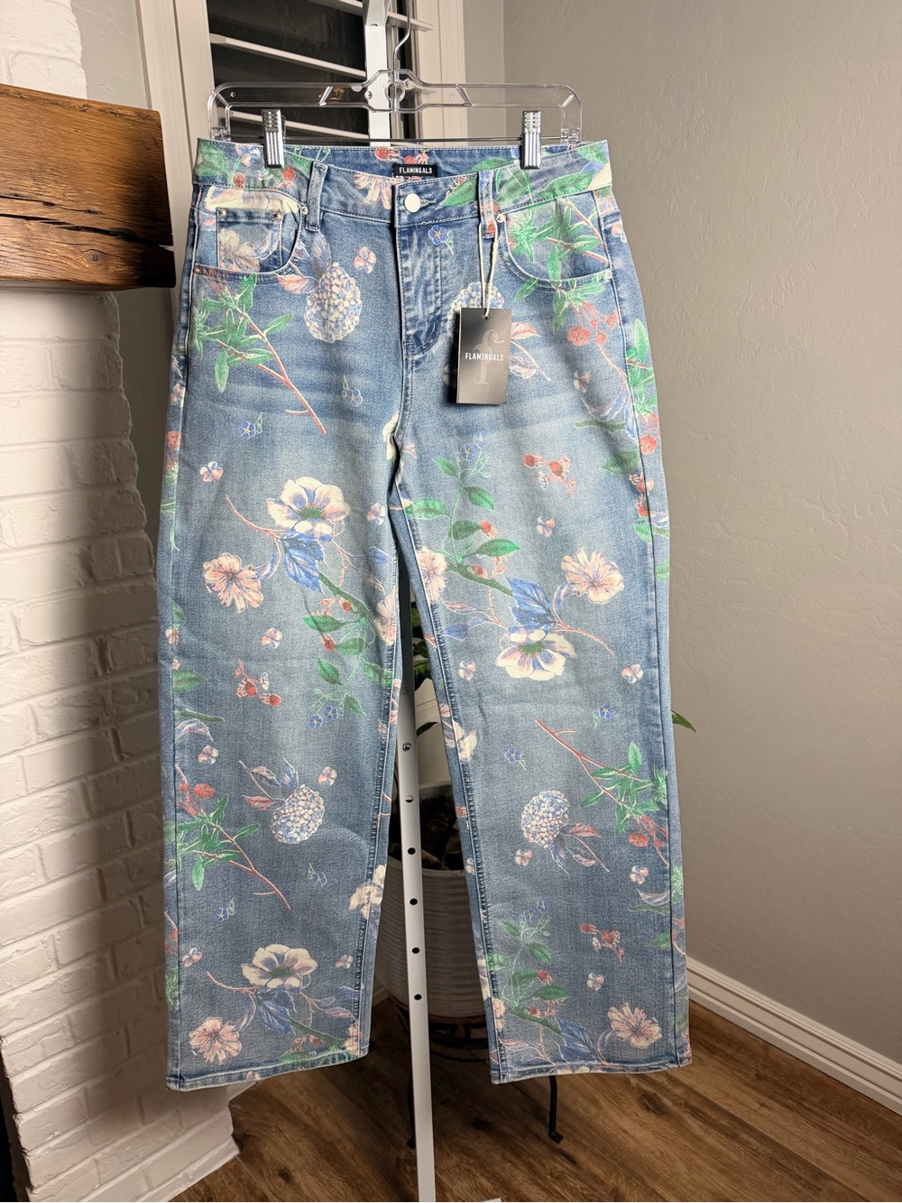 Flamingals Floral Pattern Wash Straight Leg High Waist Jeans - Picture 9 of 10